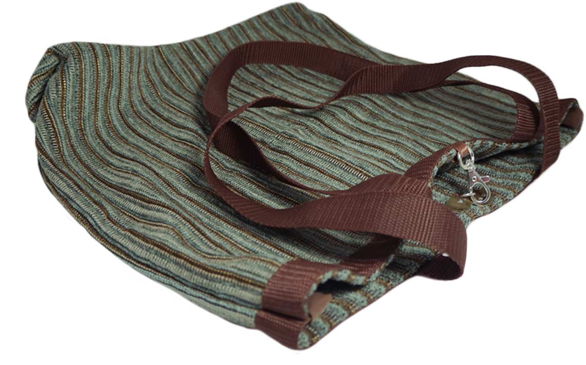 Blue and brown striped with hints of gold thread plush fabric grocery tote